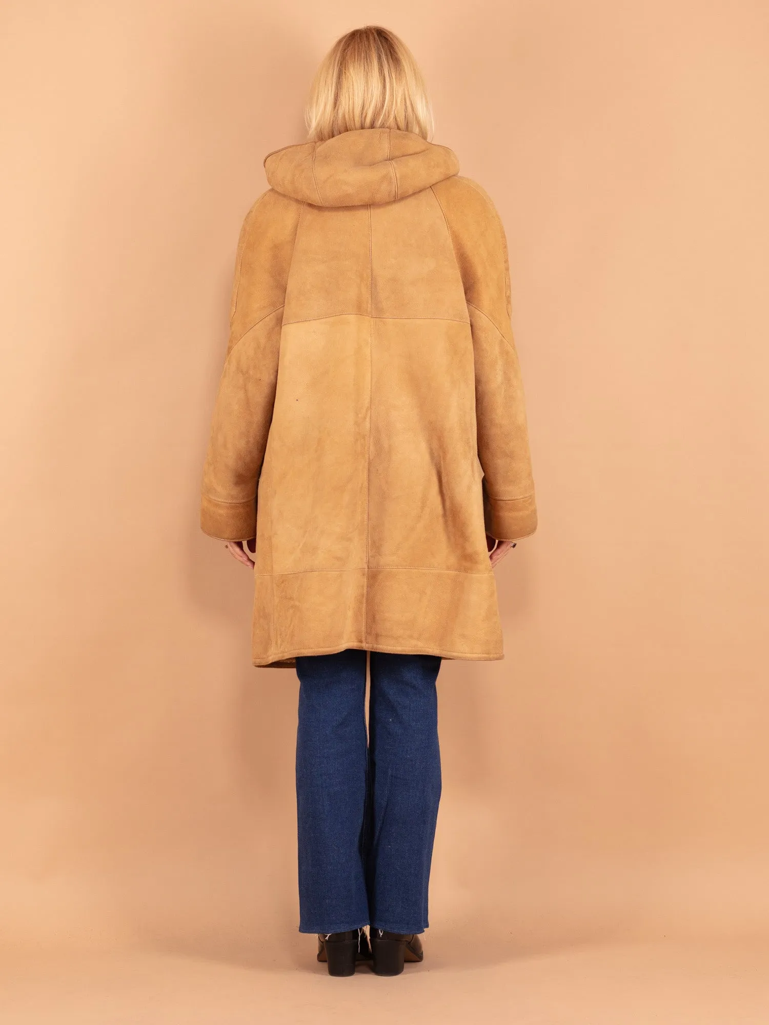 Vintage 80's Hooded Women Sheepskin Coat in Beige