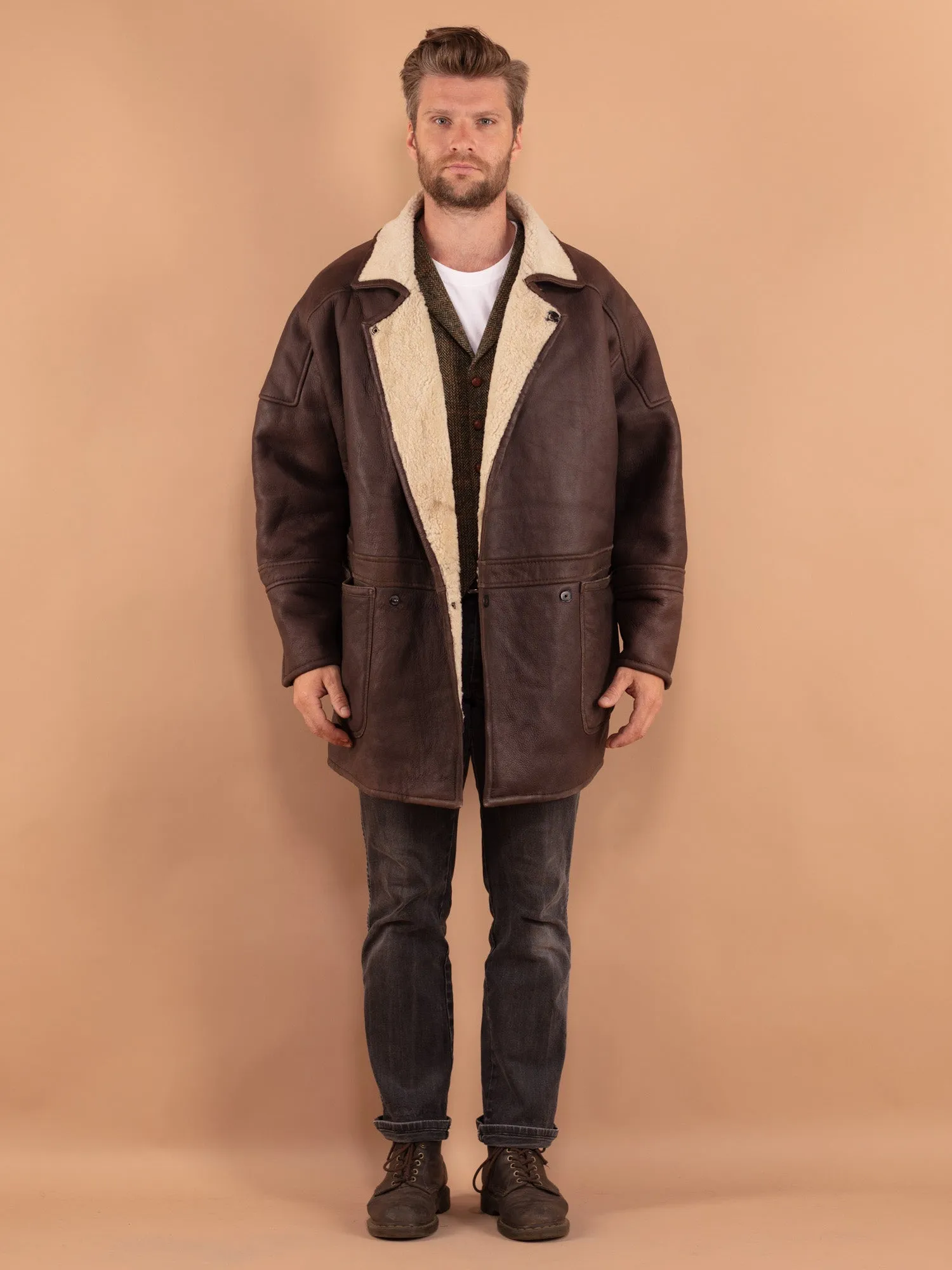 Vintage 80's Men Oversized Sheepskin Coat in Brown