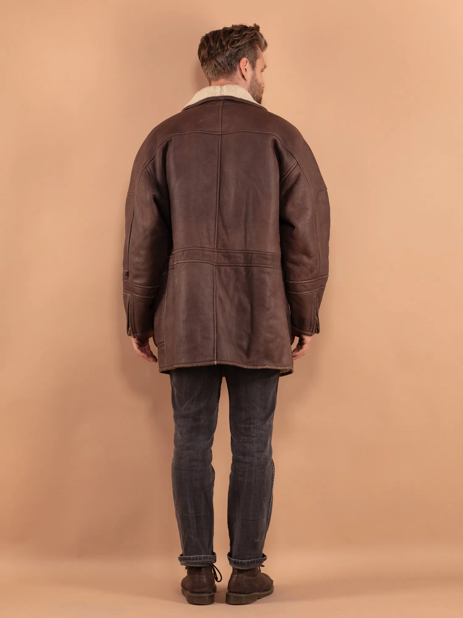 Vintage 80's Men Oversized Sheepskin Coat in Brown