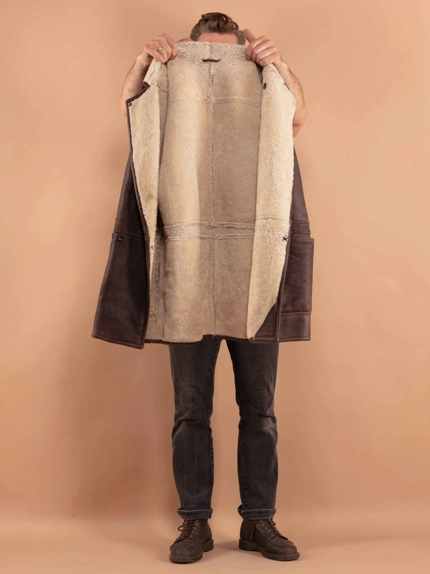 Vintage 80's Men Oversized Sheepskin Coat in Brown