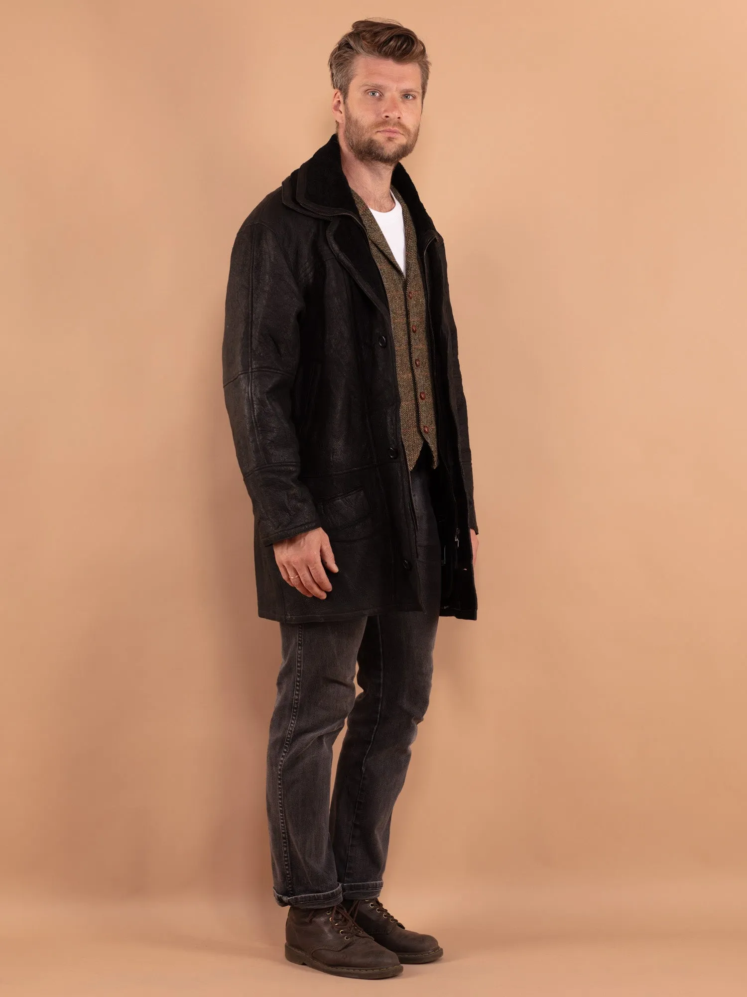 Vintage 80's Men Sheepskin Coat in Black