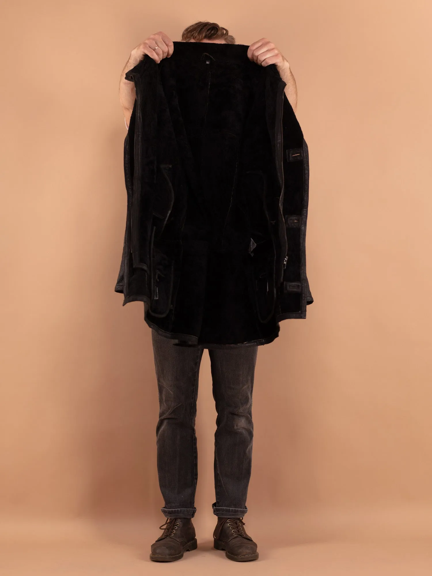 Vintage 80's Men Sheepskin Coat in Black