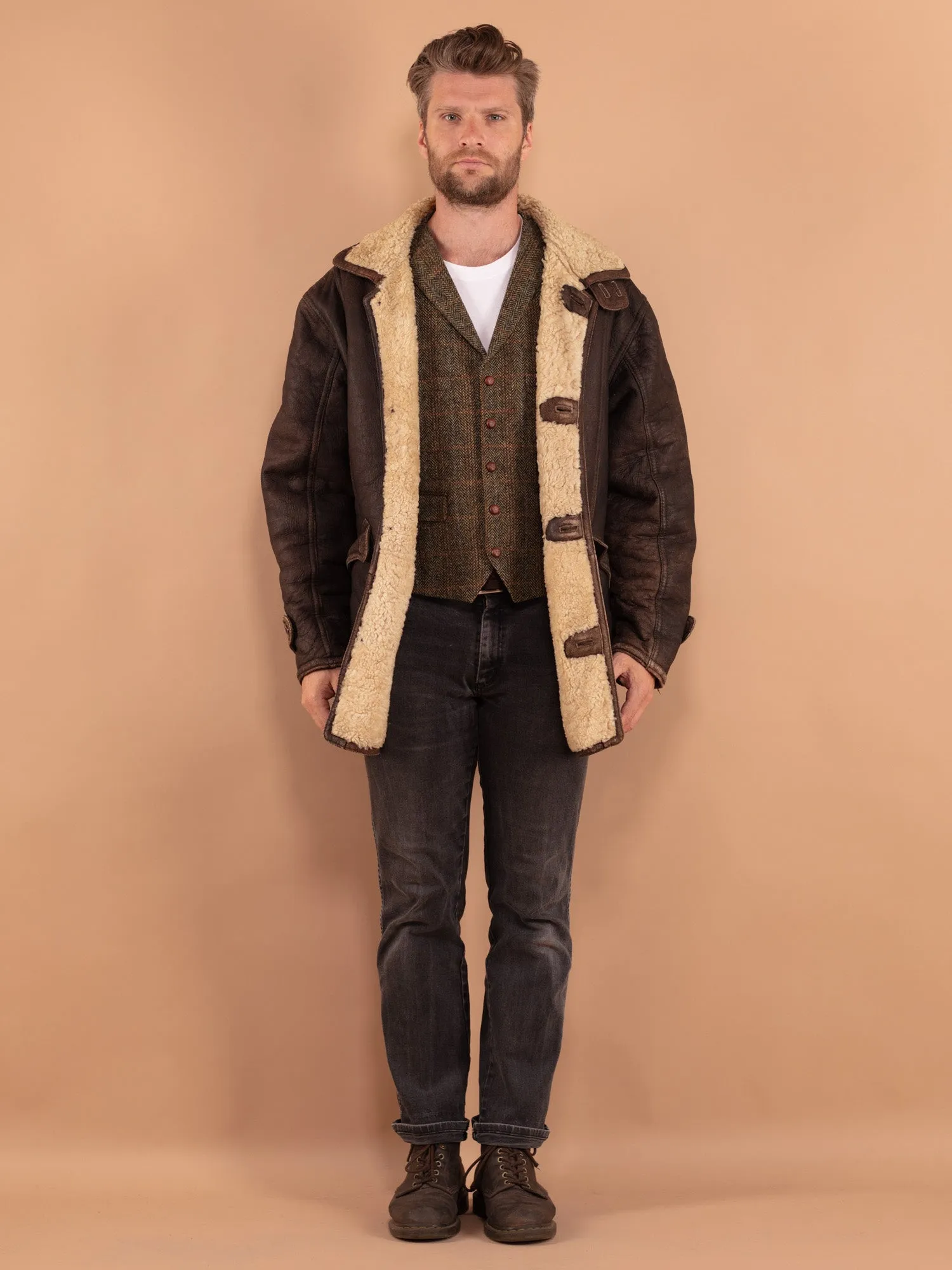 Vintage 80's Men Sheepskin Coat in Brown