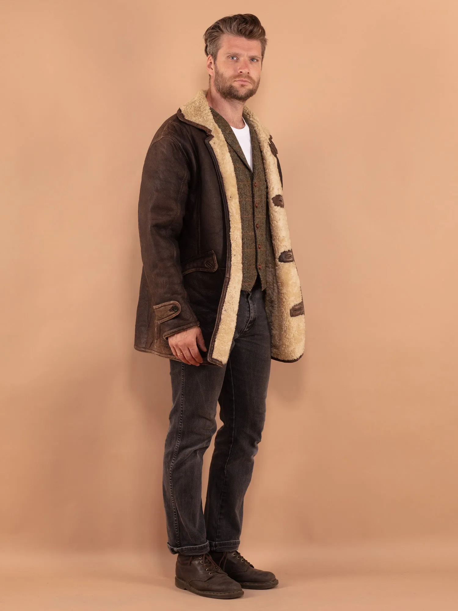 Vintage 80's Men Sheepskin Coat in Brown