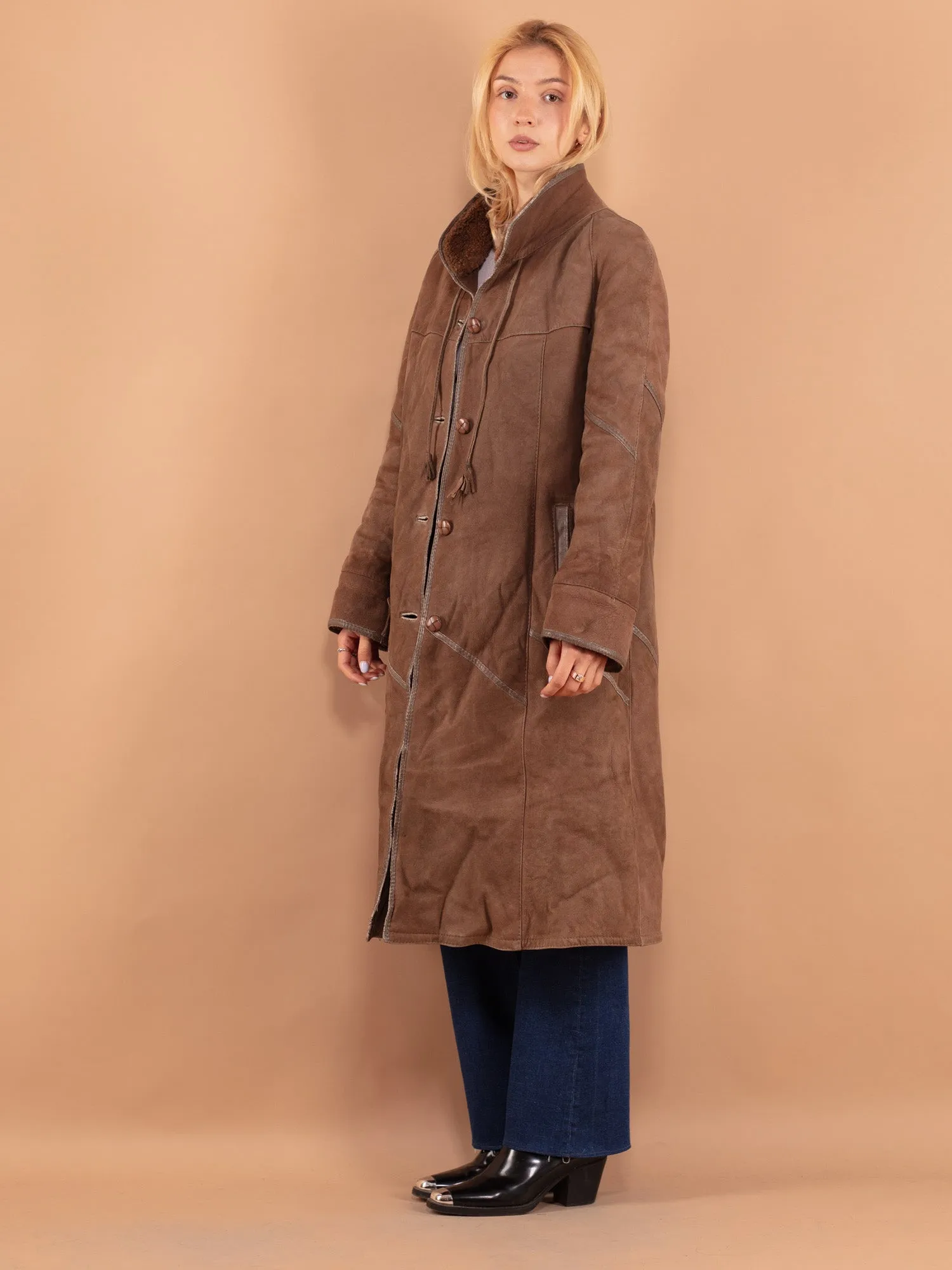 Vintage 80's Women Long Sheepskin Coat in Brown