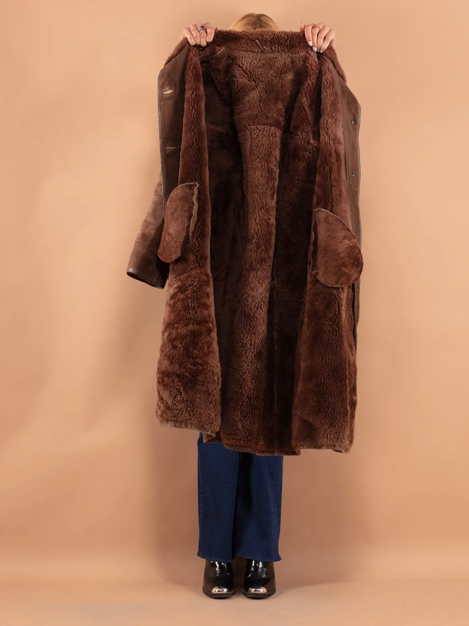 Vintage 80's Women Long Sheepskin Coat in Brown