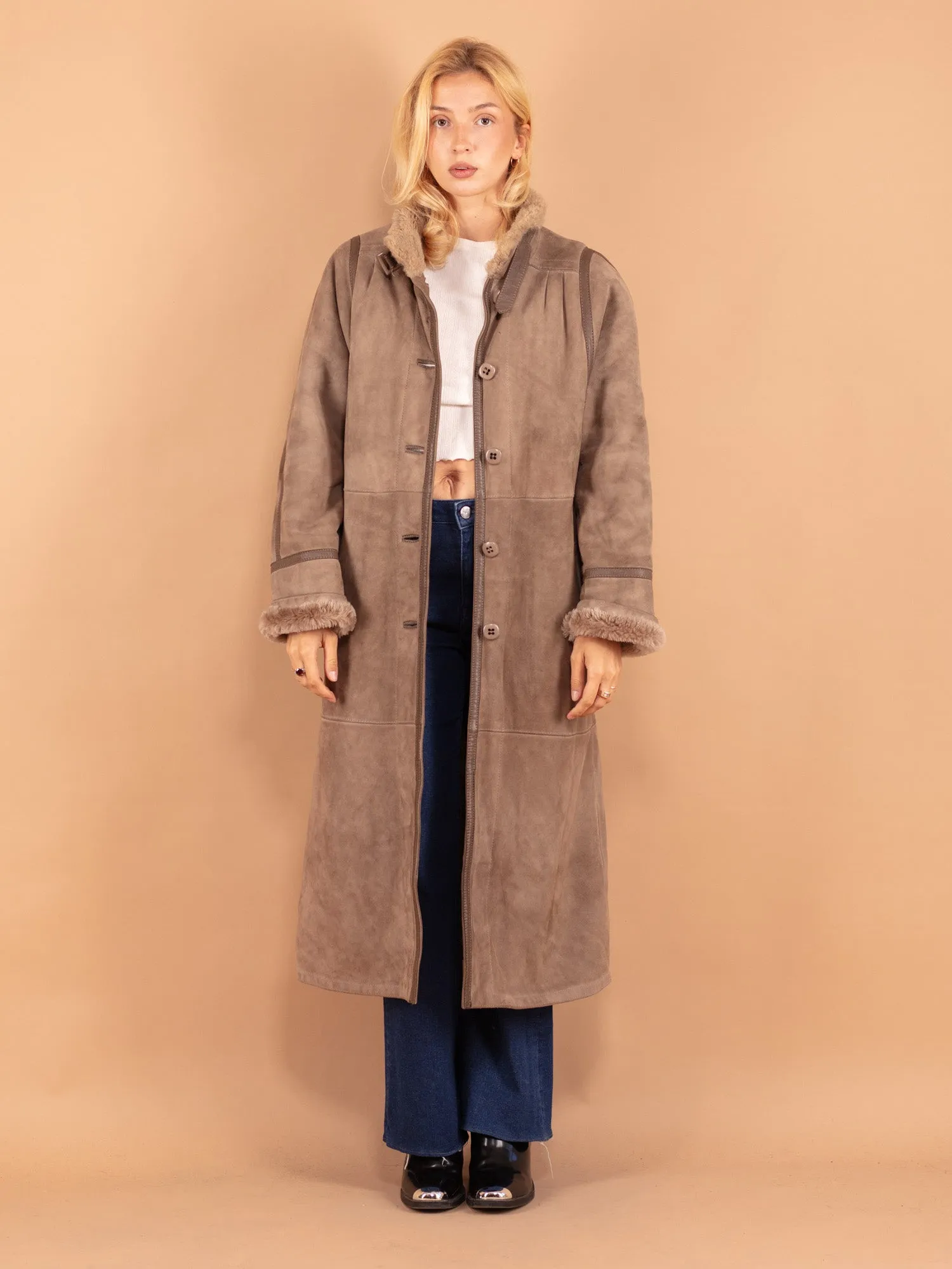 Vintage 80's Women Sheepskin Long Coat in Beige