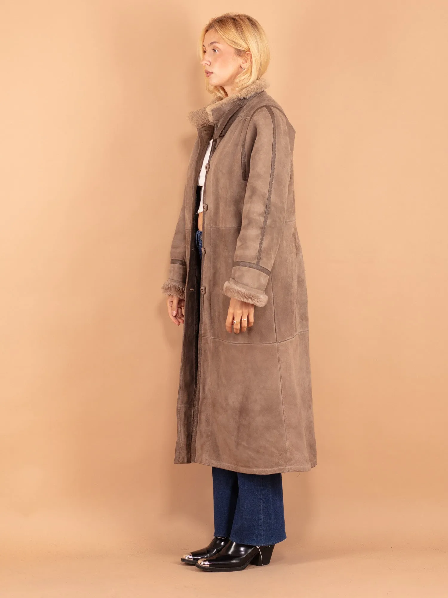 Vintage 80's Women Sheepskin Long Coat in Beige