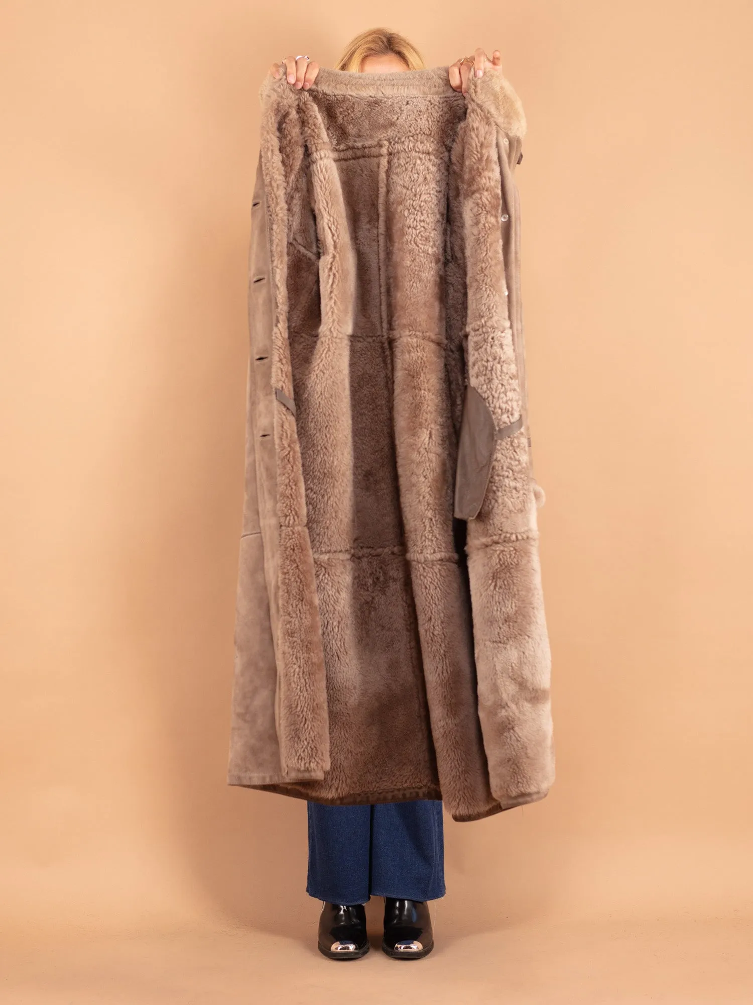 Vintage 80's Women Sheepskin Long Coat in Beige