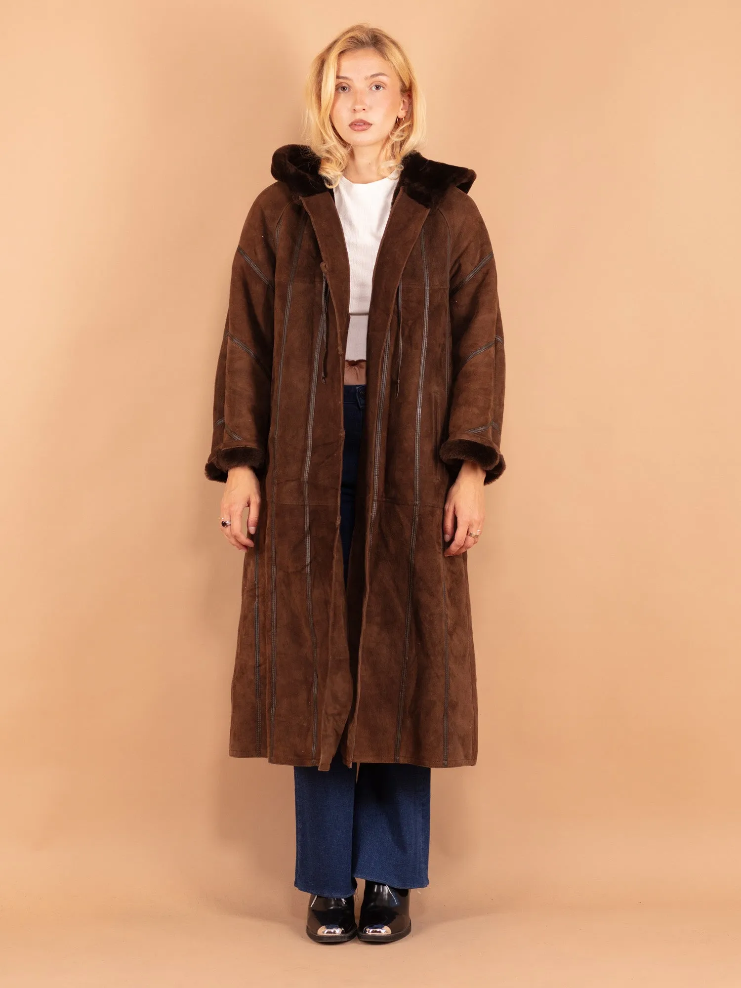 Vintage 80's Women Sheepskin Long Coat in Brown