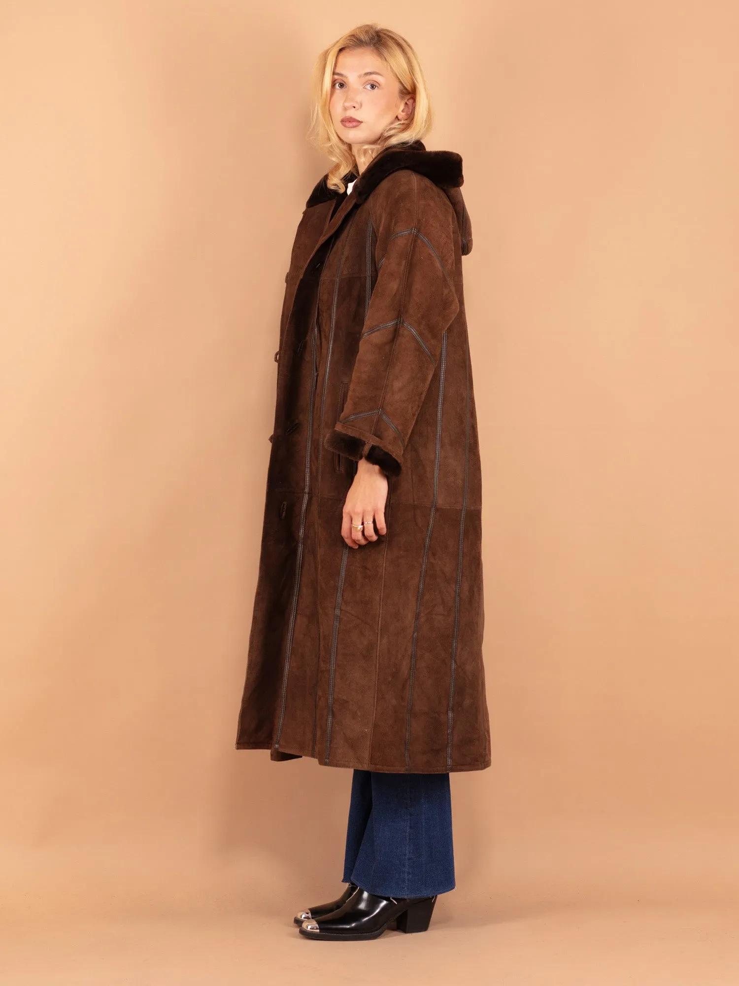 Vintage 80's Women Sheepskin Long Coat in Brown