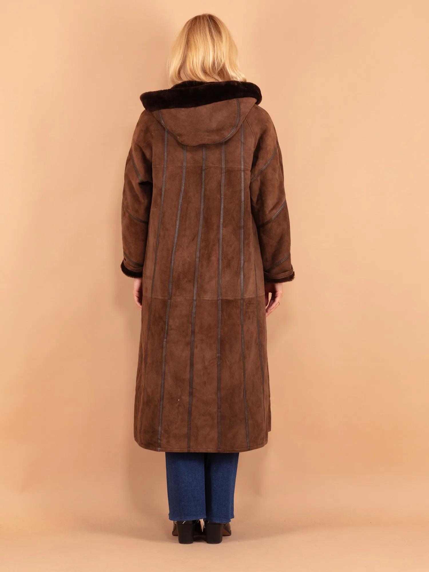 Vintage 80's Women Sheepskin Long Coat in Brown