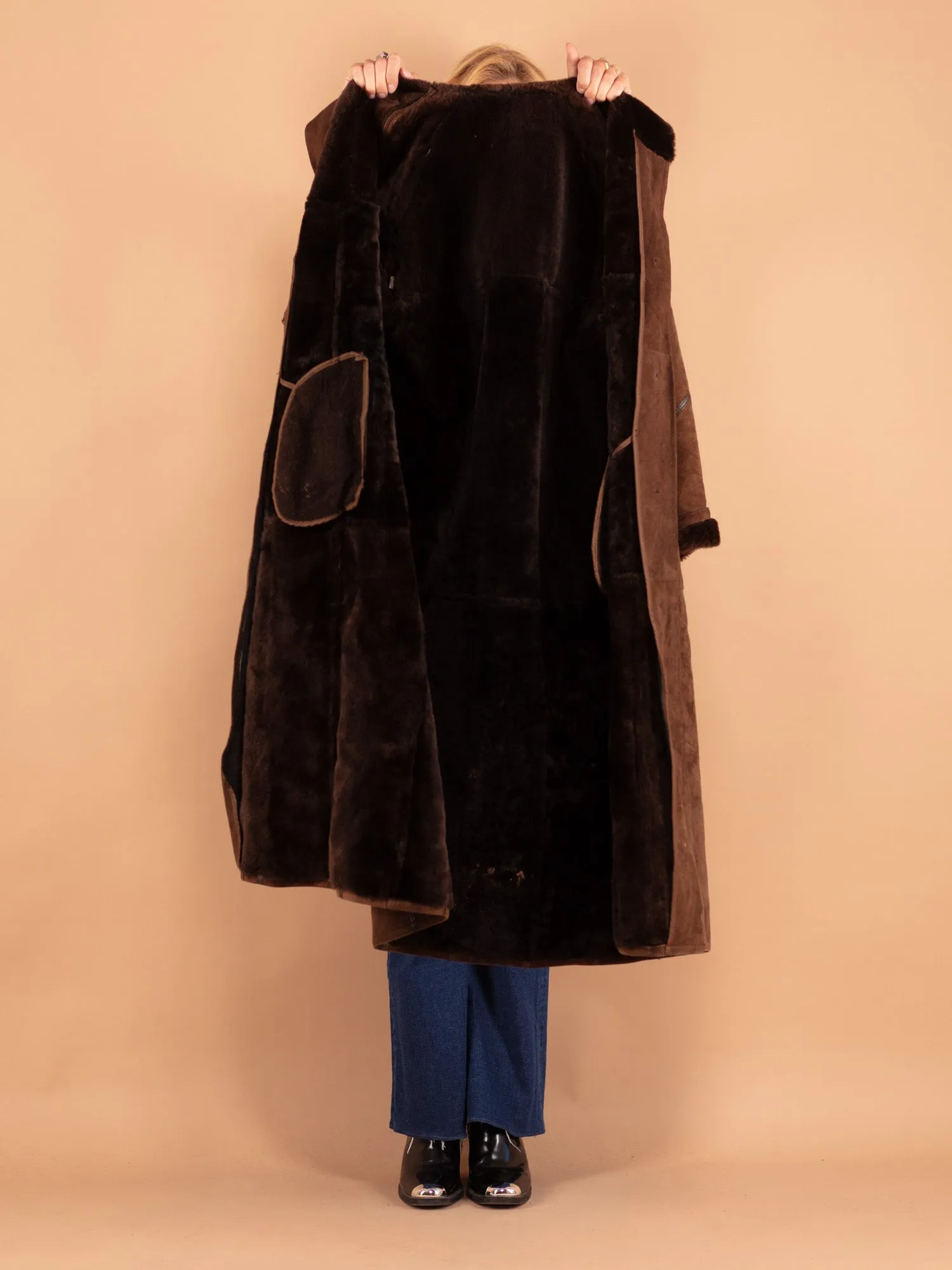 Vintage 80's Women Sheepskin Long Coat in Brown