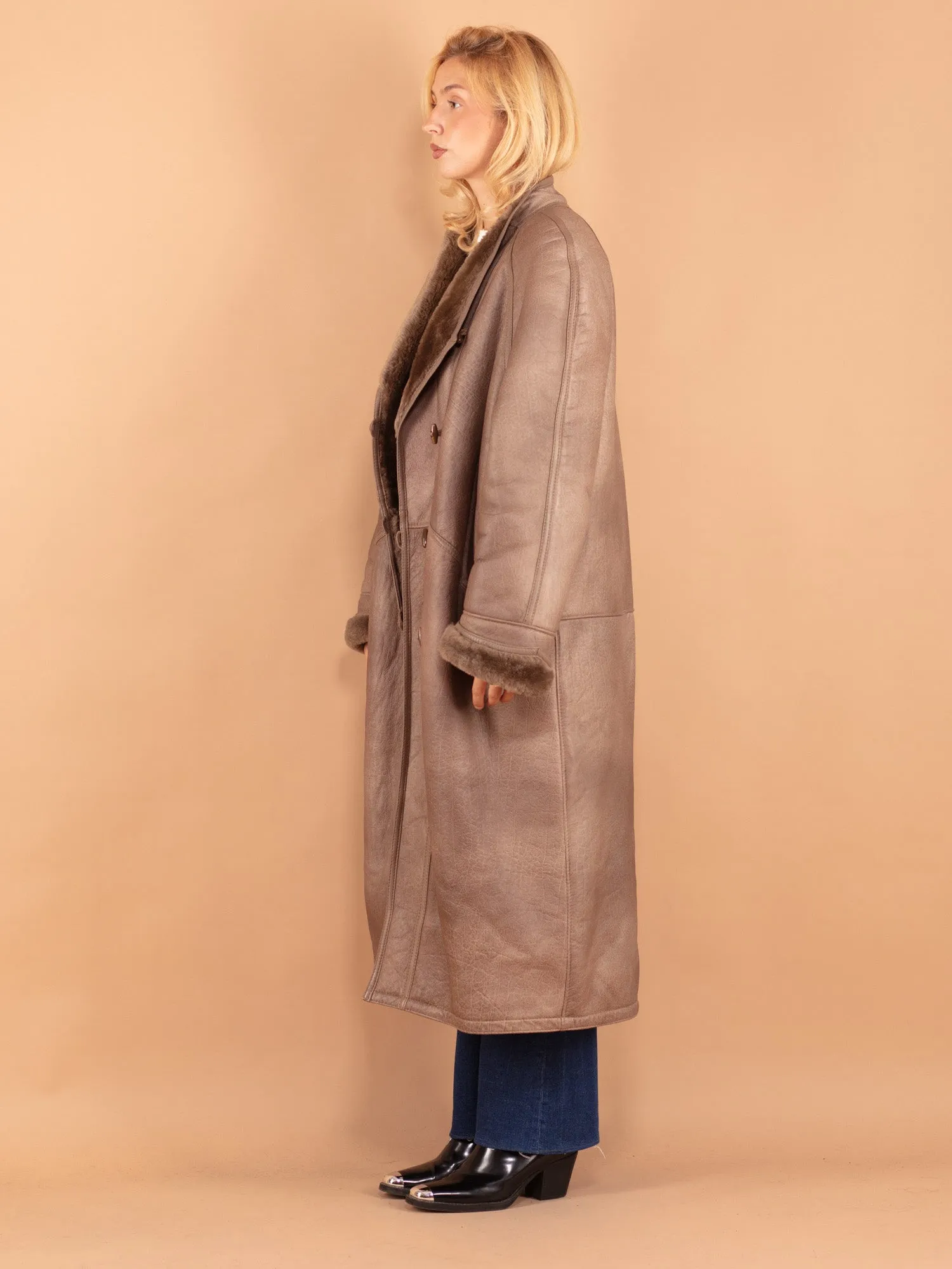 Vintage 80's Women Sheepskin Shearling Coat in Brown