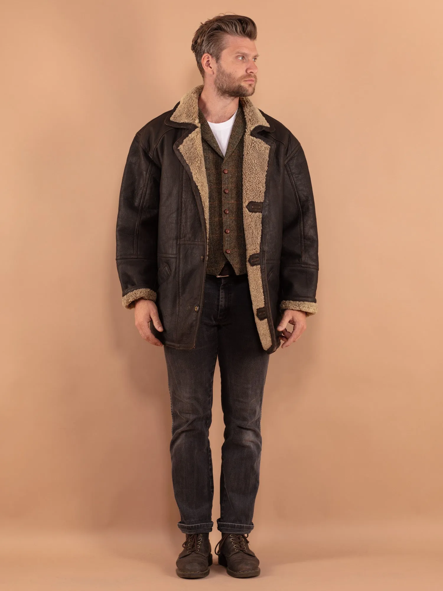 Vintage 90's Men Sheepskin Coat in Brown