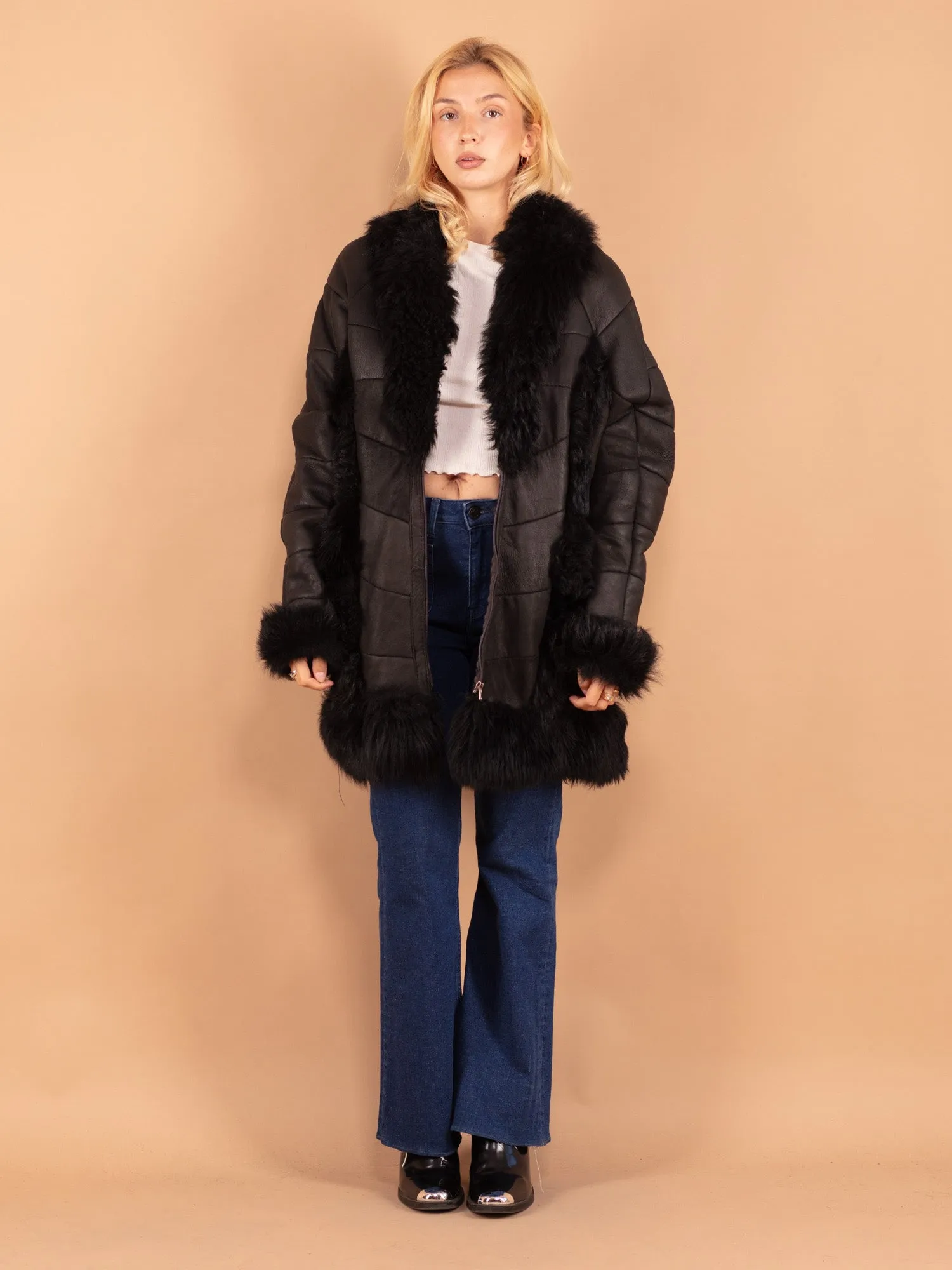 Vintage 90's Women Sheepskin Shearling Coat in Black