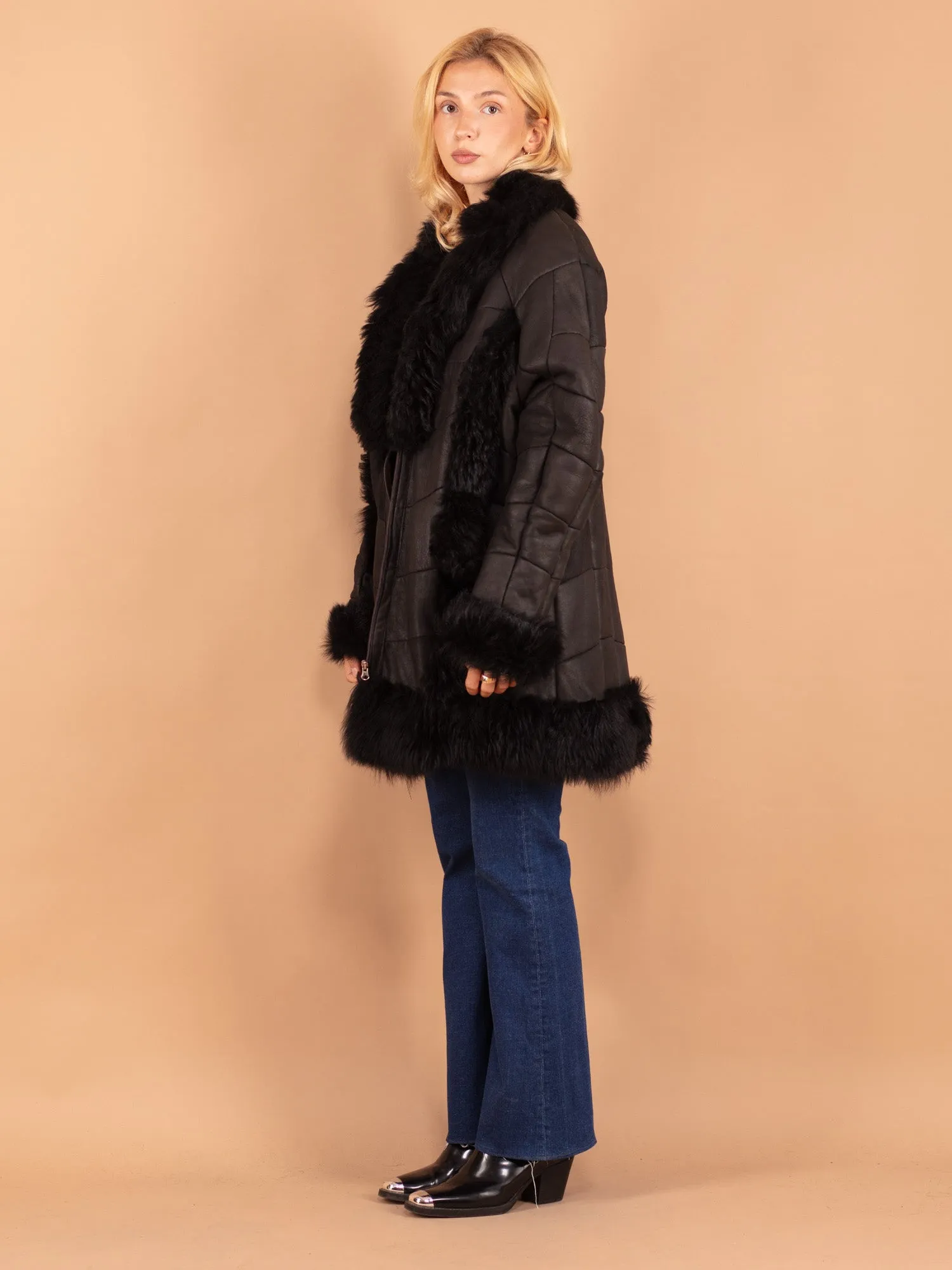 Vintage 90's Women Sheepskin Shearling Coat in Black