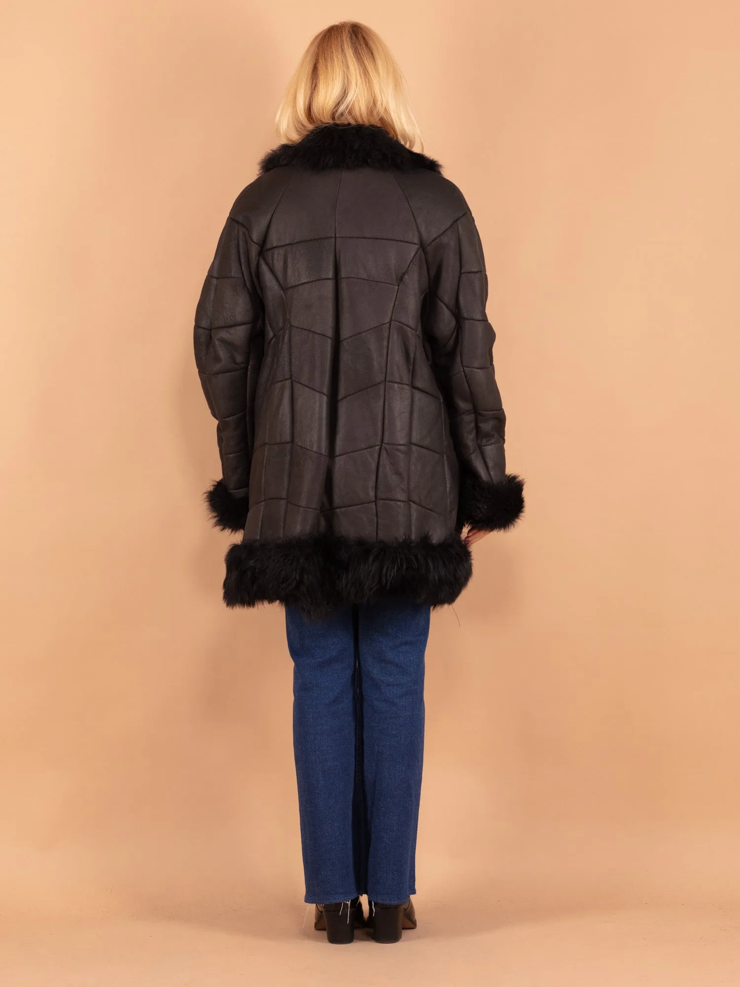 Vintage 90's Women Sheepskin Shearling Coat in Black