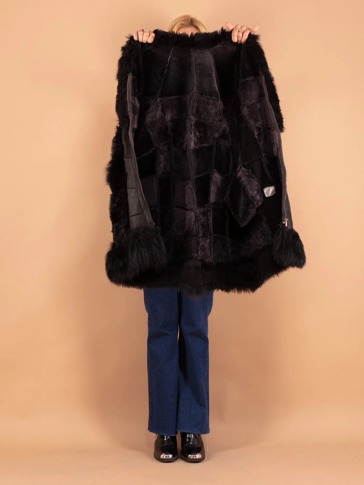 Vintage 90's Women Sheepskin Shearling Coat in Black