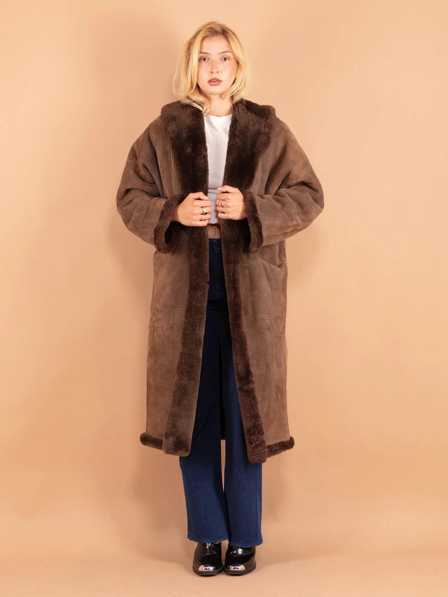 Vintage 90's Women Sheepskin Shearling Coat in Brown