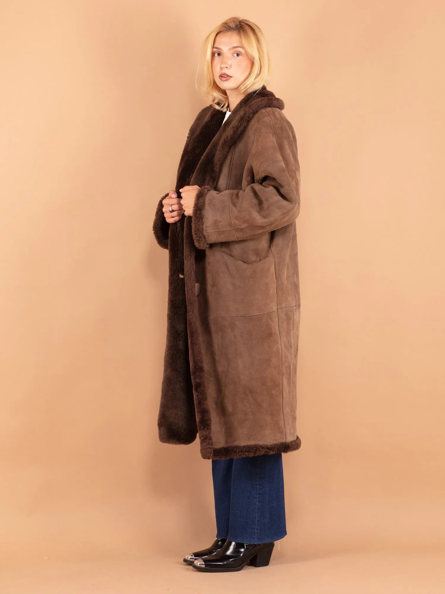 Vintage 90's Women Sheepskin Shearling Coat in Brown