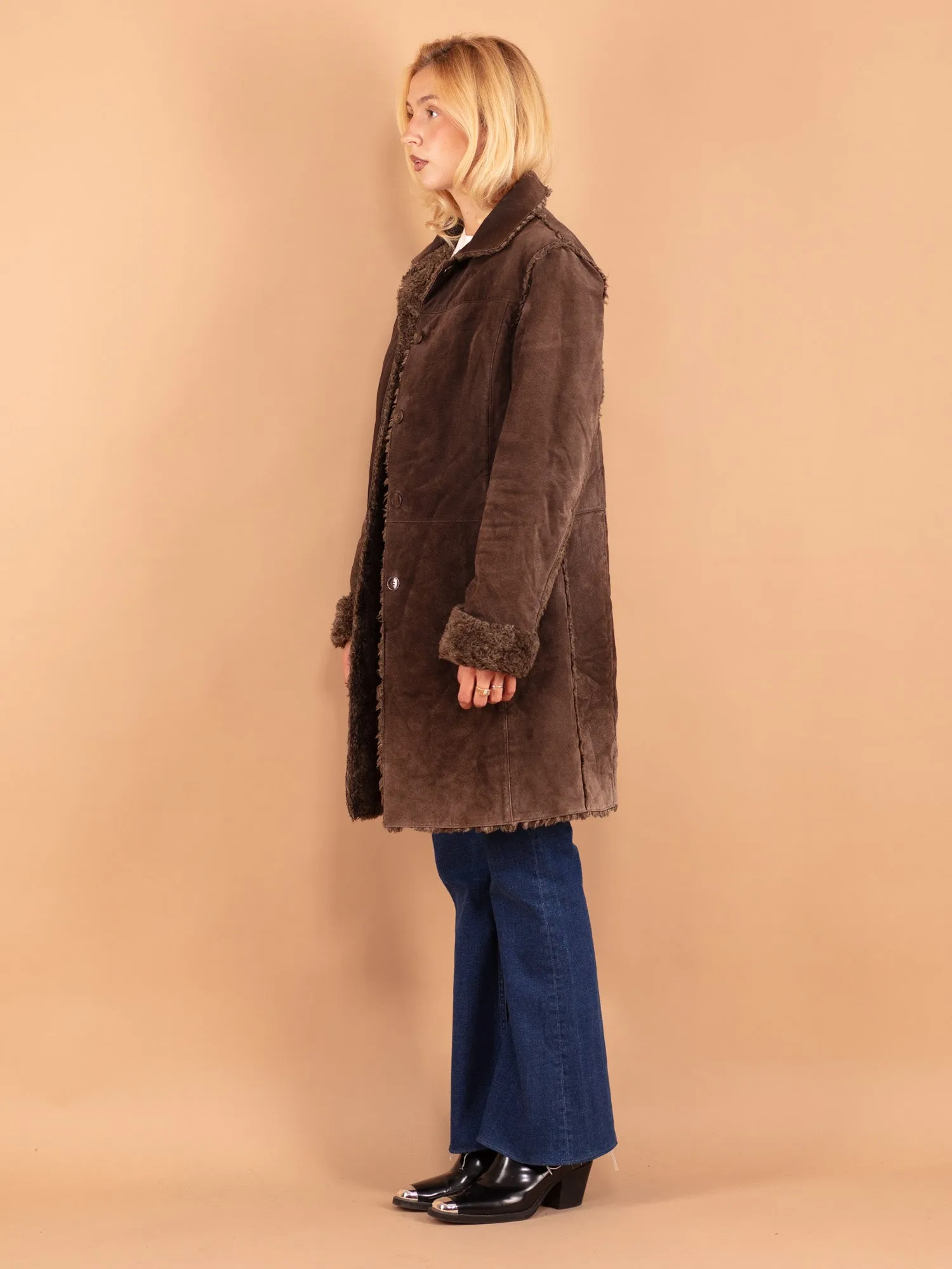 Vintage 90's Women Suede Sherpa Coat in Brown