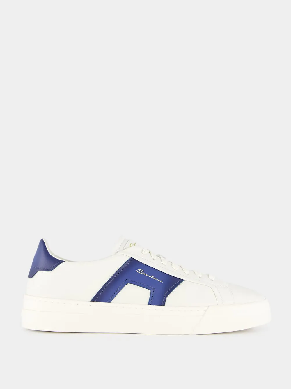 White And Blue Leather Double Buckle Sneakers