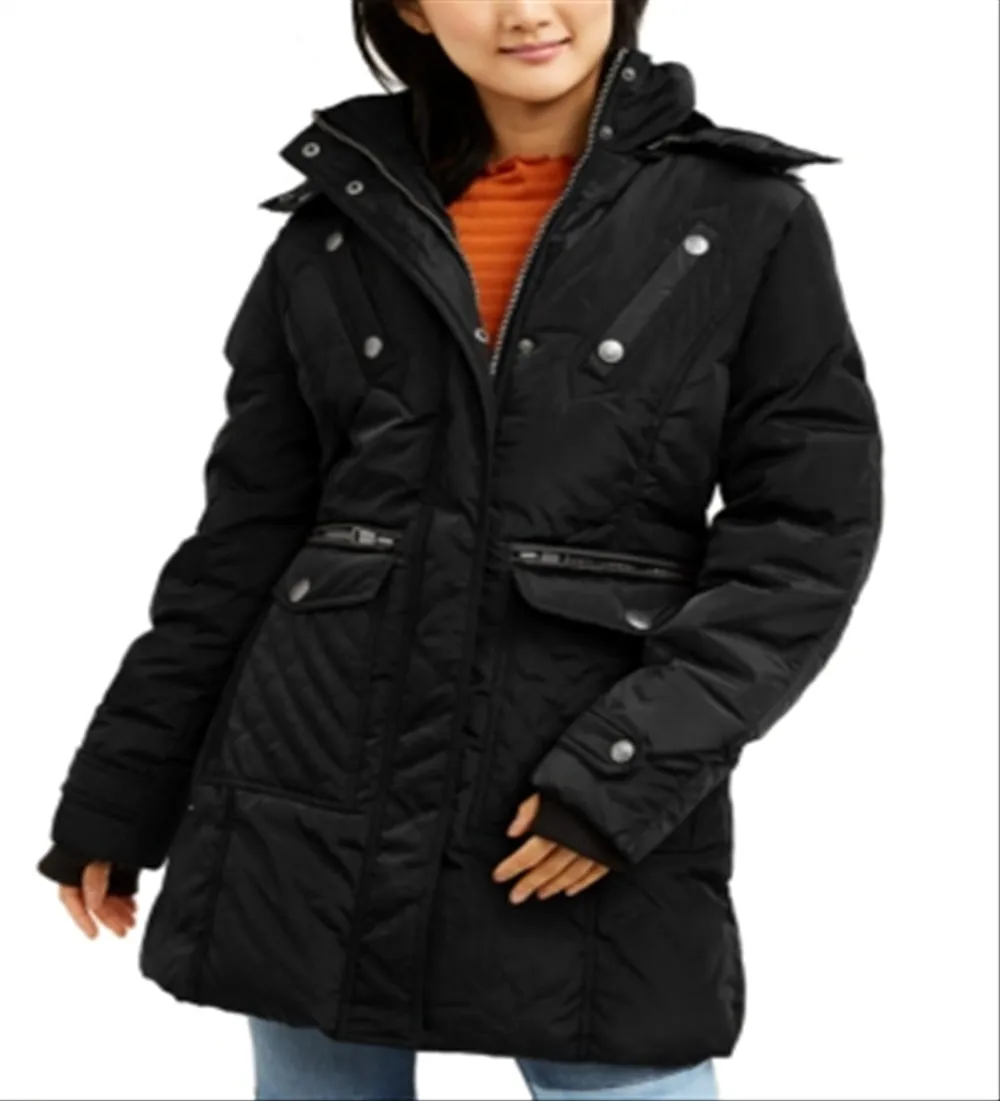 XOXO Juniors' Faux Fur Trim Hooded Puffer Coat Black Size X-Large