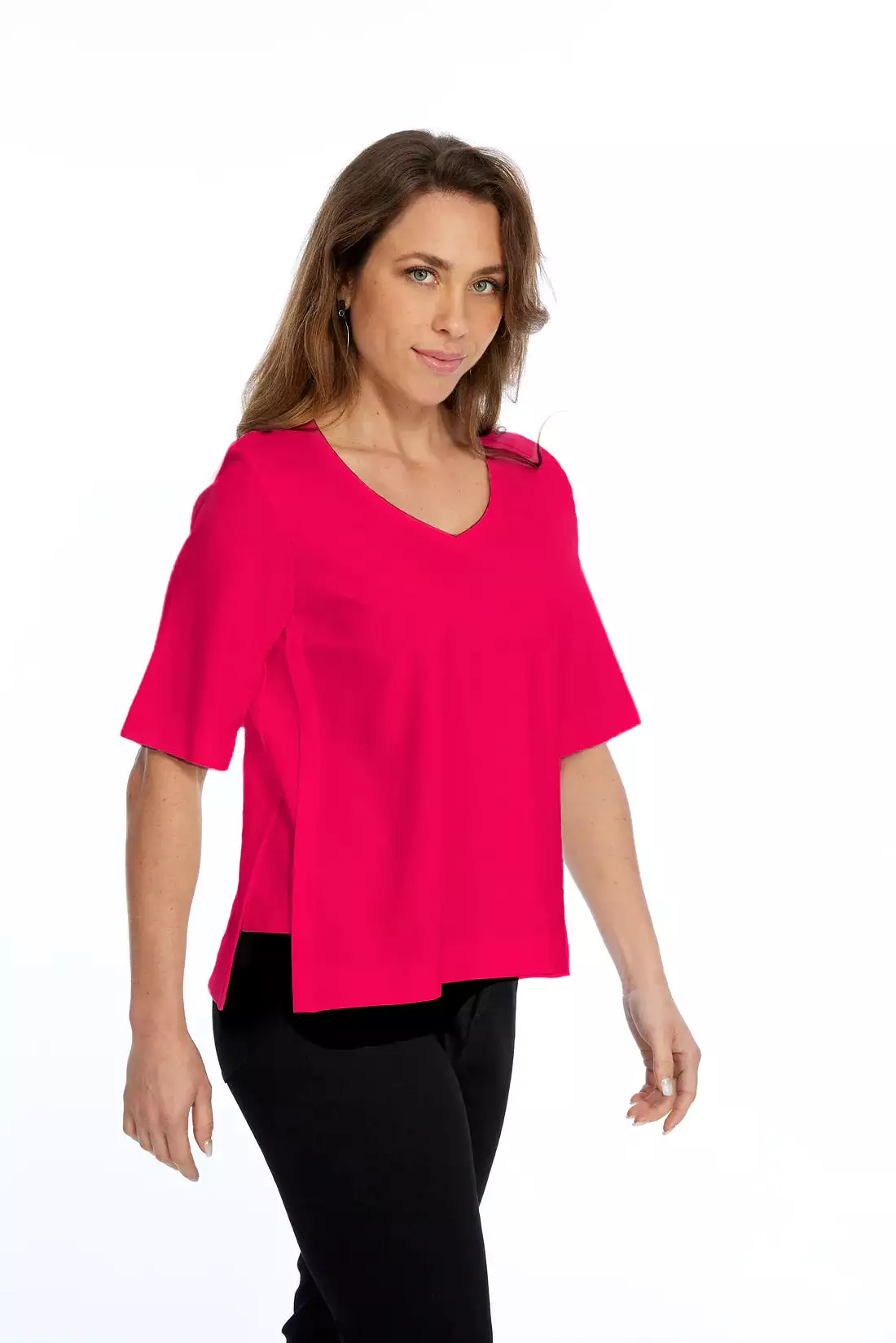 Zola V-Neck Top - (ivory and fuchsia)